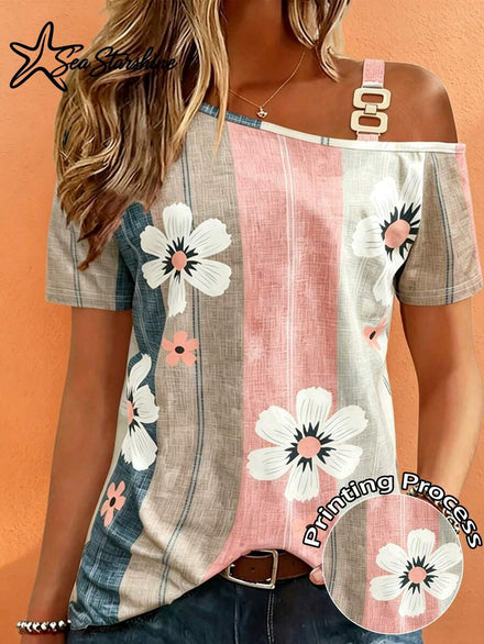 Blusa floral con cuello asimétrico de moda, color rosa, para vacaciones de verano