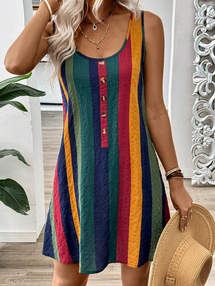 Breezaya A-Line Strappy Dress with Round Neck and Bold Colorful Stripes, Sleeveless, for Spring/Summer