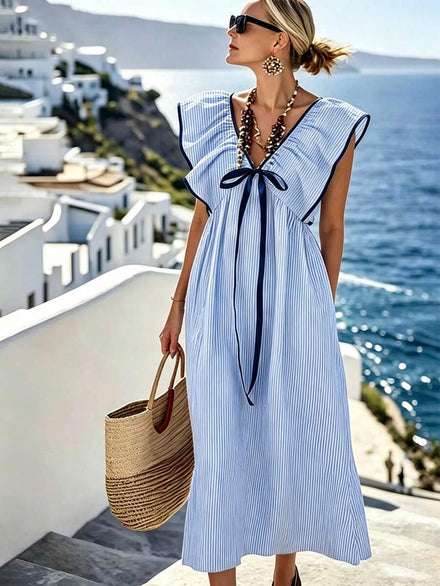 Breezaya Long Loose Dress with Ruffles and Front Tie Stripes for Women