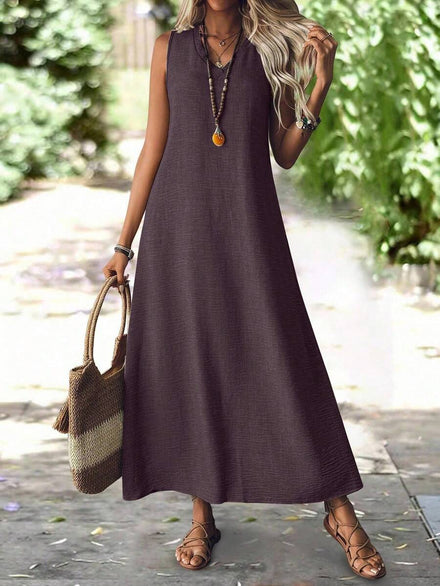 Breezaya Women's Solid Maxi Dress with V-Neck, Sleeveless, Casual, Loose and Comfortable