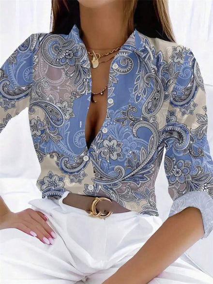 Camisa casual con botones y cuello vuelto con estampado digital de moda para mujeres, primavera vacacional 2025