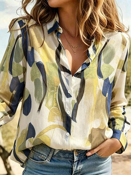 Camisa casual de manga larga con estampado floral para mujer de talla grande, ideal para vacaciones de primavera