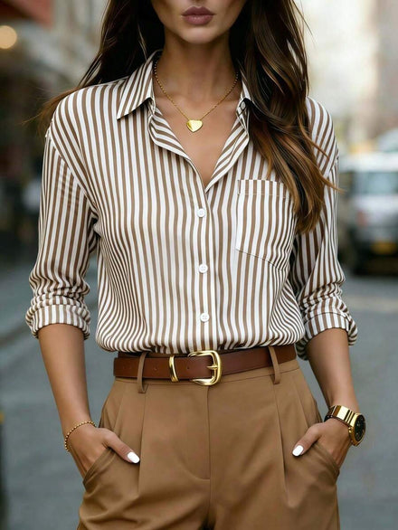 Camisa de manga larga a rayas clásica para mujer – Blusa con cuello y botones delanteros con bolsillo para oficina, casual, primavera verano otoño invierno, estética