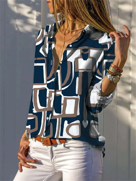 Camisa de manga larga casual y cómoda con cuello de solapa y estampado digital, para vacaciones de primavera