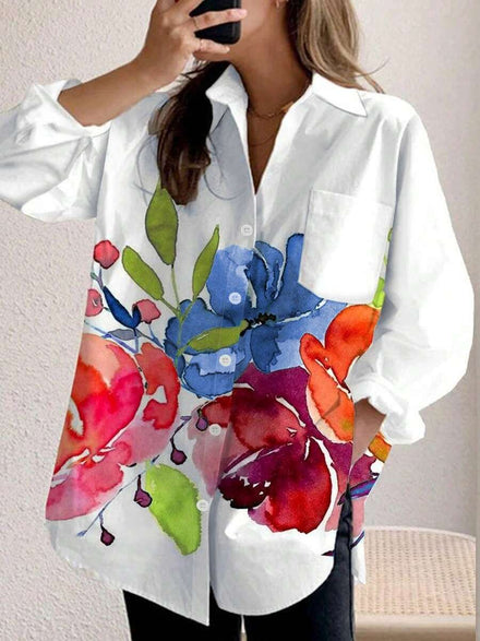 Camisa de manga larga con estampado floral diminuto para mujer