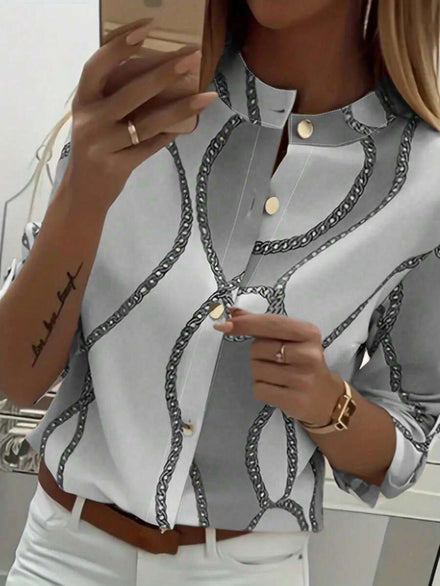 Camisa de mujer de otoño, de corte regular con botones, cuello redondo con estampado digital de cadena dorada, estampado de elementos navideños, manga larga, adecuada para uso casual, ir%2