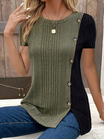 Camiseta de manga corta con botones y costillas en patchwork de moda para mujer, casual de verano para vacaciones