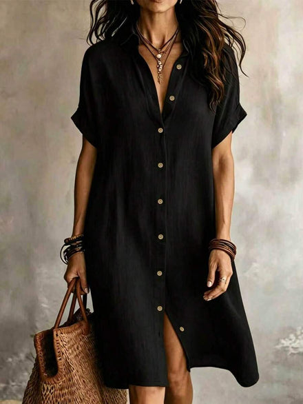 Casual Black Dress for Women with Front Buttons, Knee-Length, Short Sleeve, Elegant Summer Knit Fabric, From Work to Weekend