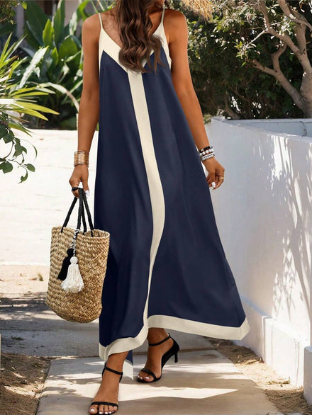 Casual Long Dress for Women with Straps and Single Color Panel