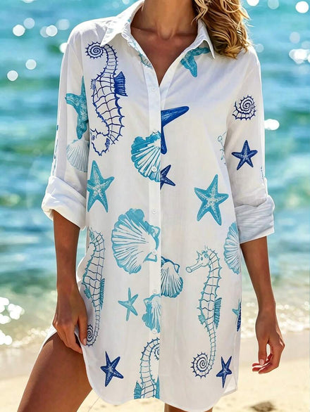 Casual Midi Dress for Women with All-Over Print and Front Button Detail, Suitable for Holidays