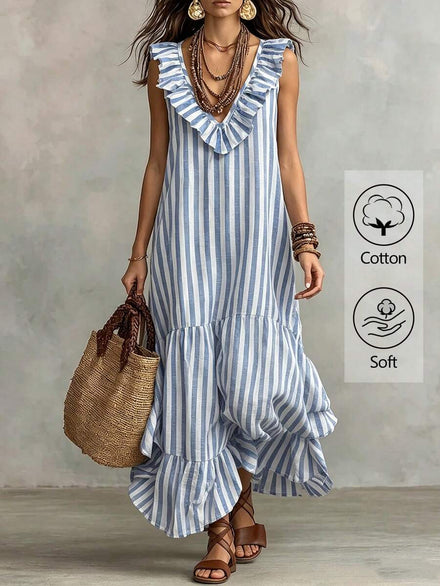 Casual Striped Dress with Ruffles at Hem for Women