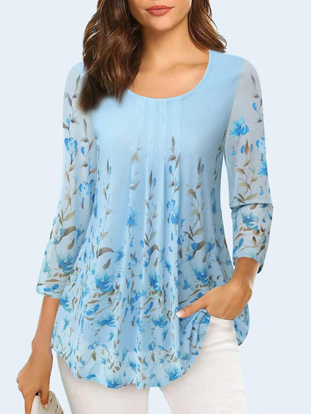 CheersLife Blusa de mujer con mangas 3/4, cintura con lazo, blusa casual suelta con estampado, camisa con volantes y malla para primavera