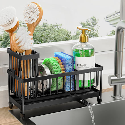 Cisily Portaesponjas para Fregadero de Cocina, Organizador de Fregadero con Soporte Alto para cepillos, Acero Inoxidable 304, Divisor para jabón y Almacenamiento del dispensador, Negro