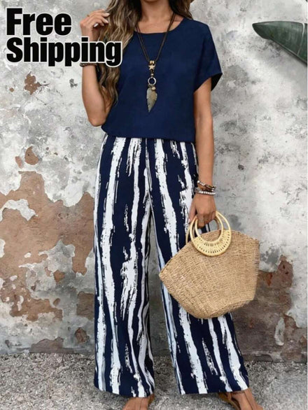 Conjunto de pantalones de pierna ancha con estampado de pinceladas y blusa de cuello redondo de manga corta en azul marino, conjunto casual y elegante para la oficina y uso diario