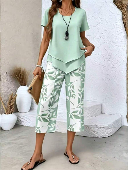 Conjunto informal de verano para mujer de dos piezas, camiseta de cuello de barco verde sólido y pantalones capri de pierna ancha con estampado de hojas