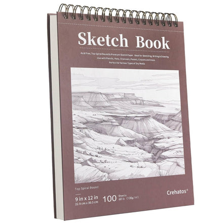 Crehatos Cuaderno de bocetos de 9 x 12 pulgadas, bloc de bocetos encuadernado en espiral superior, 100 hojas de papel de dibujo de 70 libras/100 g/m², 1 paquete