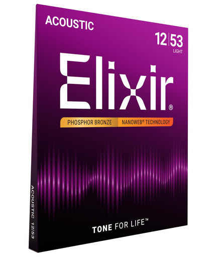 Cuerdas de guitarra acústica Elixir Strings de bronce fosforado con recubrimiento NANOWEB, calibre ligero (.012-.053)