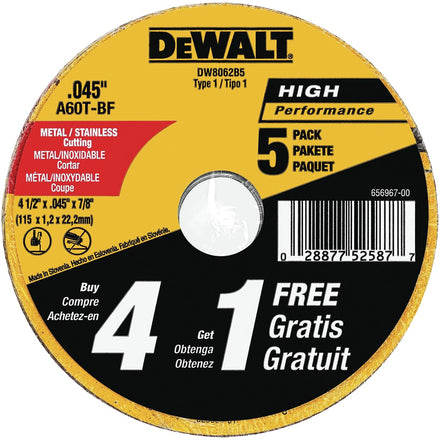 Dewalt DW8062B5 4 unidades 4-1/2 pulgadas. x 0.045 pulgadas. Rueda de corte de metal y acero inoxidable, 5 unidades por paquete