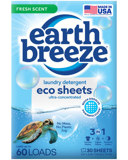 Earth Breeze Hojas de detergente para ropa con aroma fresco, 60 cargas, jabón ecológico sin líquido, apto para viajes para ciclos fríos y calientes, aborda manchas y olores difíciles, suave para la