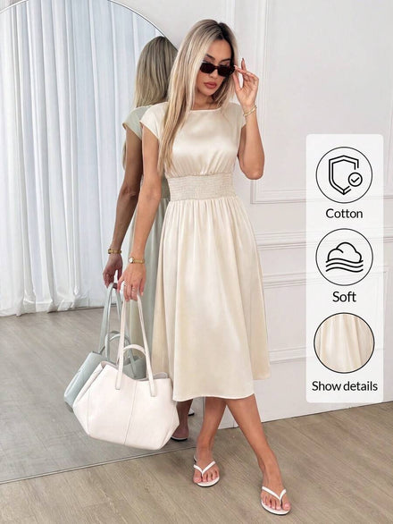 Easowa Vestido de mujer de largo medio para otoño/invierno, cuello redondo, hombros anchos, cintura fruncida, falda acampanada en línea A, tela de satén brillante resistente a las arrug