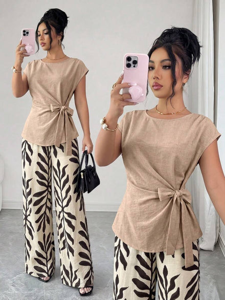 Elenzga Conjunto de Blusa Plisada y Pantalón de Pierna Ancha para Mujer