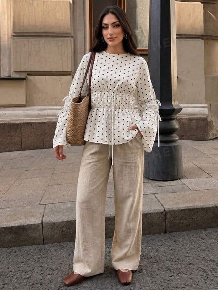 Elenzga Blusa de mujer con cuello redondo fruncido y manga larga