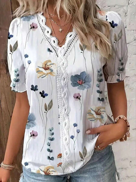 Elouméa Blusa con manga abullonada, estampado floral y encaje de contraste, parte superior de manga corta, para vacaciones y tiempo libre de la mujer