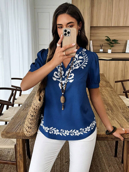 Elouméa Blusa de mujer casual de manga corta con escote en forma de ojo de cerradura y estampado gráfico, para el verano