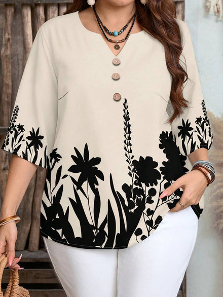 EMERY ROSE Blusa elegante bohemia beige para mujer, estampado de silueta floral, manga 3/4, casual retro, primavera, verano, vacaciones, playa y resort