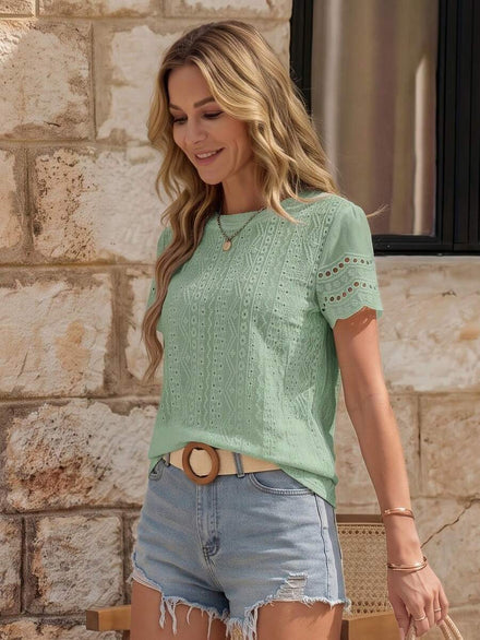 EMERY ROSE Camiseta casual de mujer de manga corta, cuello redondo, con decoración de estampado quemado y bordado