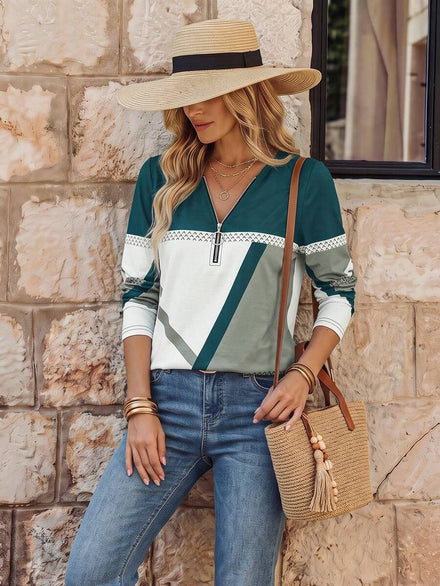 EMERY ROSE Camiseta de manga larga con cuello de media cremallera, estampado geométrico, camisetas gráficas casuales para mujer en otoño/invierno, ropa de mujer para primavera y otoñ
