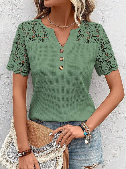 EMERY ROSE Camiseta de vacaciones informal de unicolor con cuello recortado y encaje
