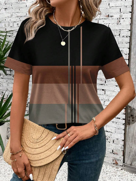 EMERY ROSE Camiseta holgada de mujer con cuello redondo, manga corta y estampado de patchwork, casual, adecuada para otoño/verano, para salir