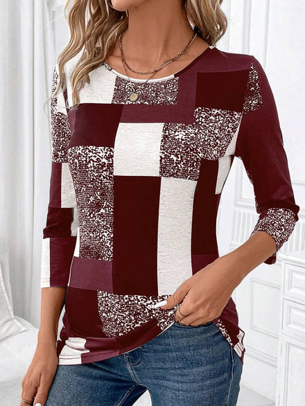 EMERY ROSE Camiseta informal de manga 3/4 con cuello redondo y estampado a cuadros para mujer en verano