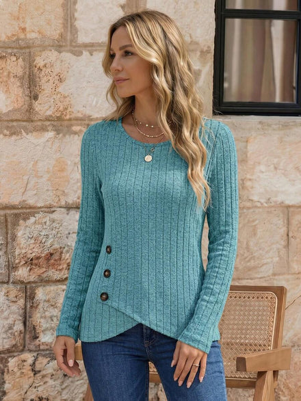 EMERY ROSE Camiseta informal de manga larga y cuello redondo, de un solo color, con bajo asimétrico acanalado, para primavera y verano