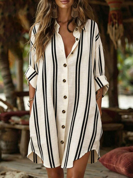 EMERY ROSE Casual Short Resort Dress with Striped Woven Print for Women