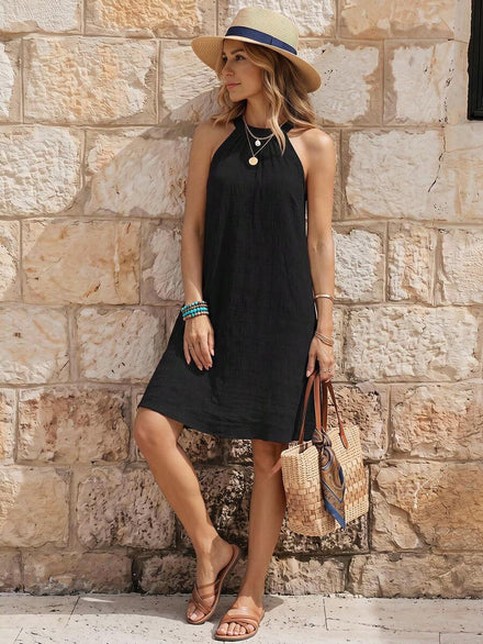 EMERY ROSE Casual Sleeveless Solid Dress with Halter Neck, Fashionable for Daily Wear