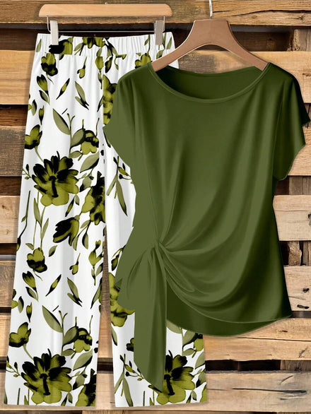 EMERY ROSE Conjunto de 2 piezas de blusa con lazo de color verde y verde claro, y pantalones rectos, atuendo casual para ir y venir o de vacaciones