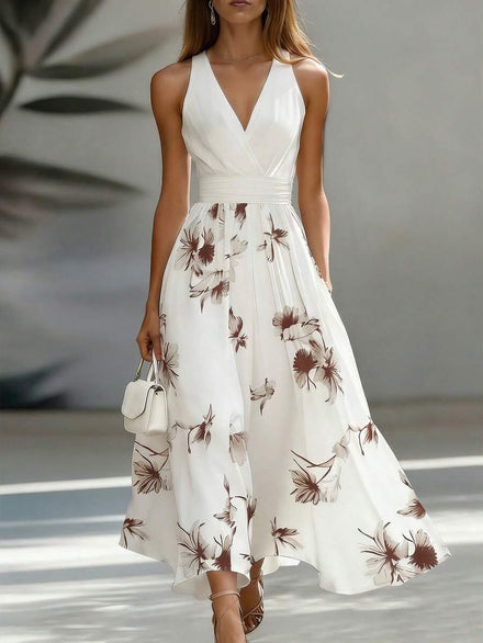 EMERY ROSE Elegant Midi Dress with V-Neck, Sleeveless, Fitted Waist, Patchwork Print AB, Suitable for Work and Vacations
