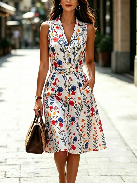 EMERY ROSE Elegant Midi Dress without Sleeves with Lapel Collar and Pocket with Floral Print for Women