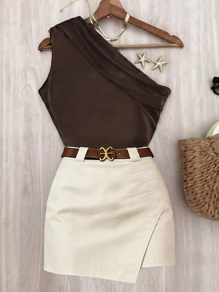 EMERY ROSE New Summer Vacation Dress, Pleated Top with Asymmetrical Shoulder in Brown Combined with Asymmetrical Hem Skirt in Apricot, Mini Dress in Contrasting Colors, Elegant Beach Set for Women, Summer Outfit for Women