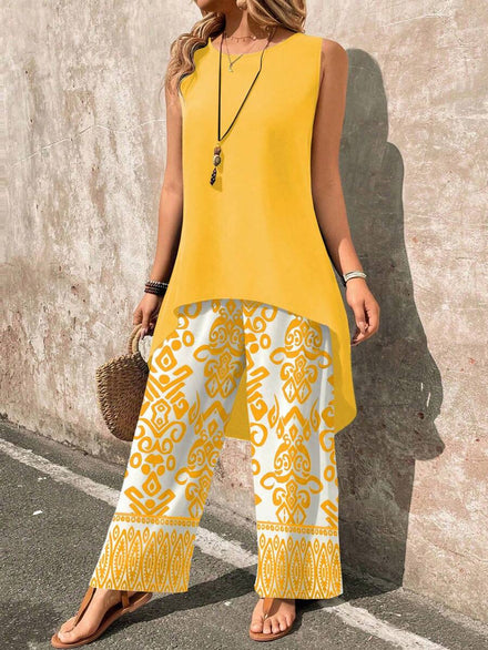 EMERY ROSE Set de 2 piezas con parte superior sin mangas de dobladillo alto-bajo de unicolor y pantalones de pierna ancha con estampado geométrico para mujer, ideal para vacaciones