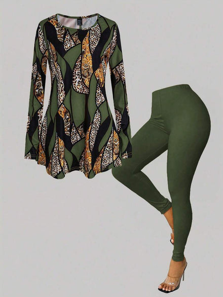 EMERY ROSE Set de 2 piezas de camiseta de manga larga en línea A y leggings de forro polar para mujer de otoño/invierno, estampado aleatorio