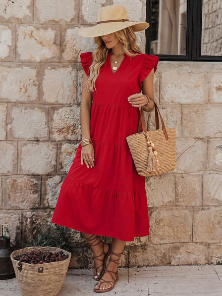 EMERY ROSE V-Neck Ruffle Trim Maxi Dress for New Year's Eve, Long Dresses for Holidays and Beach Outfits for Women