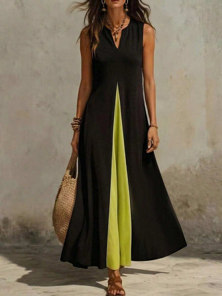 EMERY ROSE Women's Long Summer Dress, Sleeveless, Casual, Color Block with Patches and V-Neck