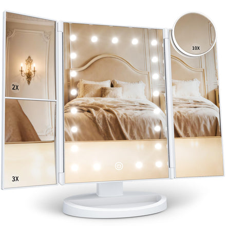 Espejo de maquillaje con luces, aumento 1x 2X 3X, espejo de maquillaje iluminado, control táctil, espejo de maquillaje triple, fuente de alimentación dual, espejo de maquillaje LED portátil, regalo