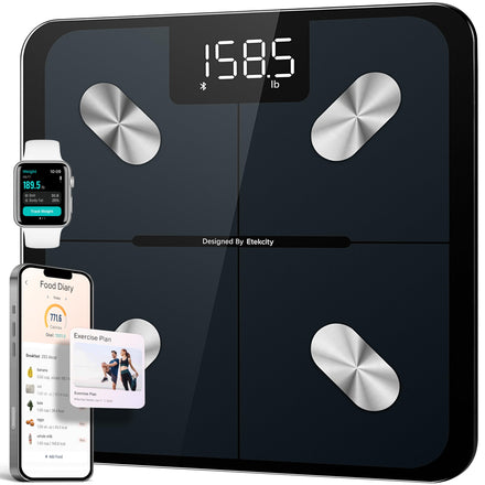 ETEKCITY Báscula inteligente de pesaje de baño digitales con grasa corporal y peso para personas, analizador electrónico Bluetooth BMI de composición corporal (ST/LB/KG), Black