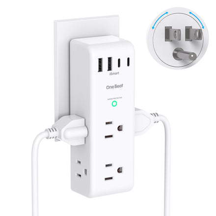 Extensor de toma de protección contra sobretensiones, con enchufe giratorio, 6 tomas de corriente alterna con 3 puertos USB (1 USB C), cargador de pared 1800J, tira de alimentación de 3 lados con