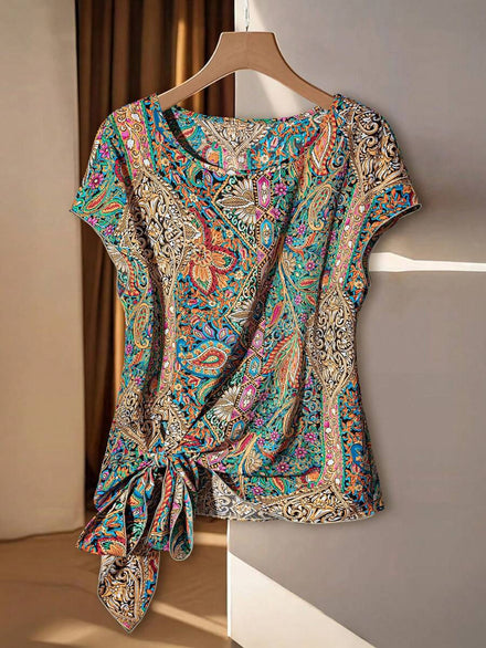 Franclia Blusa casual de mujer para vacaciones con cuello redondo, sin mangas, lazo en el bajo y bajo dividido, para primavera/verano