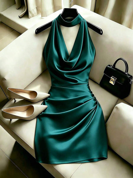 Franclia Elegant Brown Fashionable Dress with Draped Neck, Waist Pleats for a Fitted, Sexy, Elegant, Stylish, Mini Fitted Brown Dress